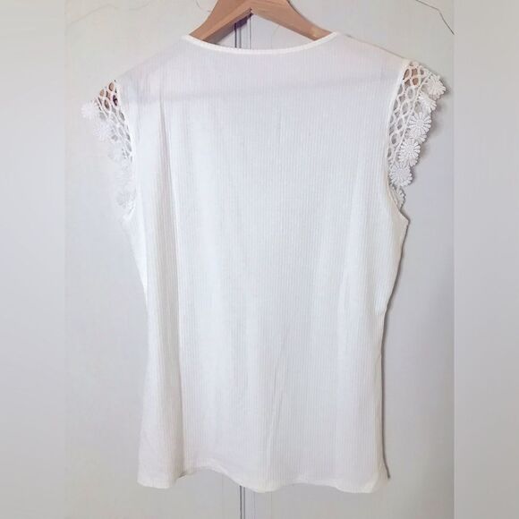 Boho White Lace Crochet Ribbed V Neck Cap Sleeve Fitted Boutique Top Size XL - Picture 3 of 6